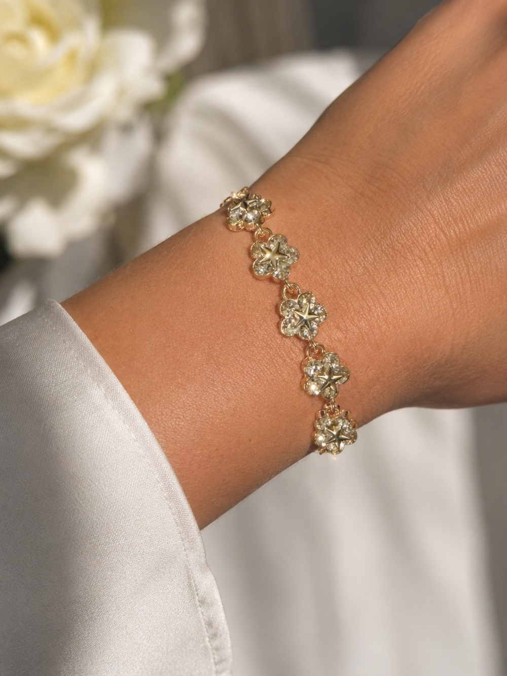 Swarovski Gold Floral Crystal with Stars Link Bracelet with adjustable closure